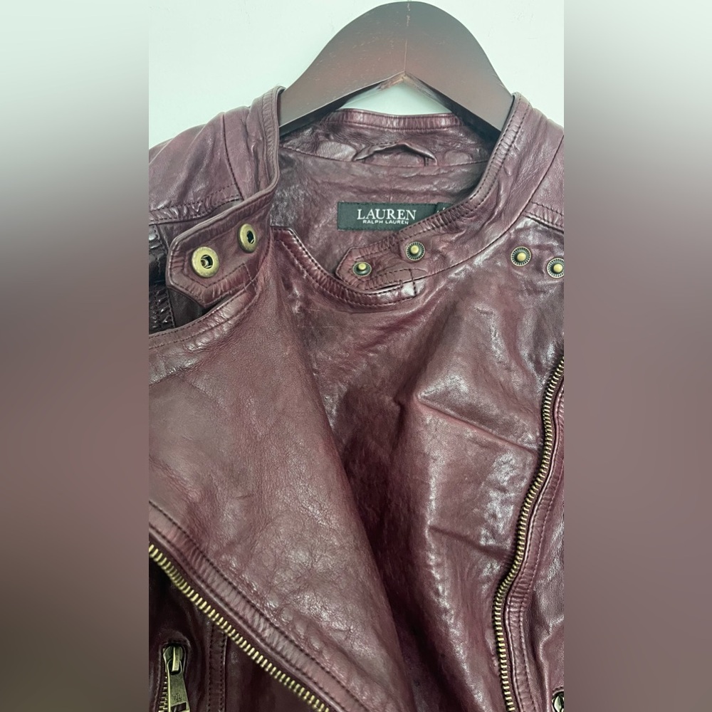 New Lauren Ralph Lauren Wine-Red Color Leather Moto Cafe  Racer Jacket Women’s - Picture 8 of 16